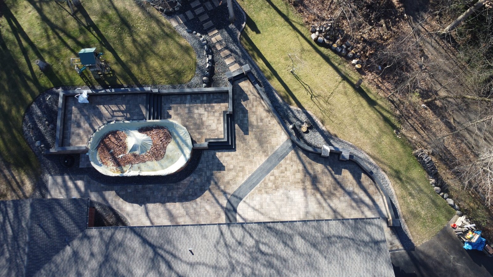 Aerial drone photo of completed $100K+ hardscaping project by Lagunas Landscape & Construction